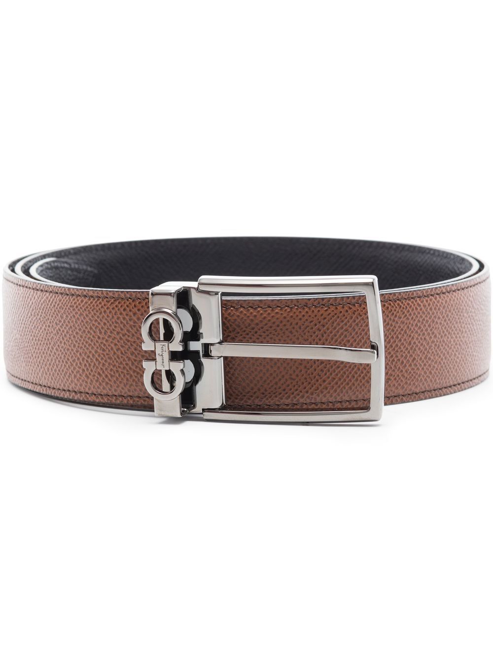 STAMPED LEATHER REVERSIBLE GANCINI BELT WITH RECTANGULAR BUCKLE