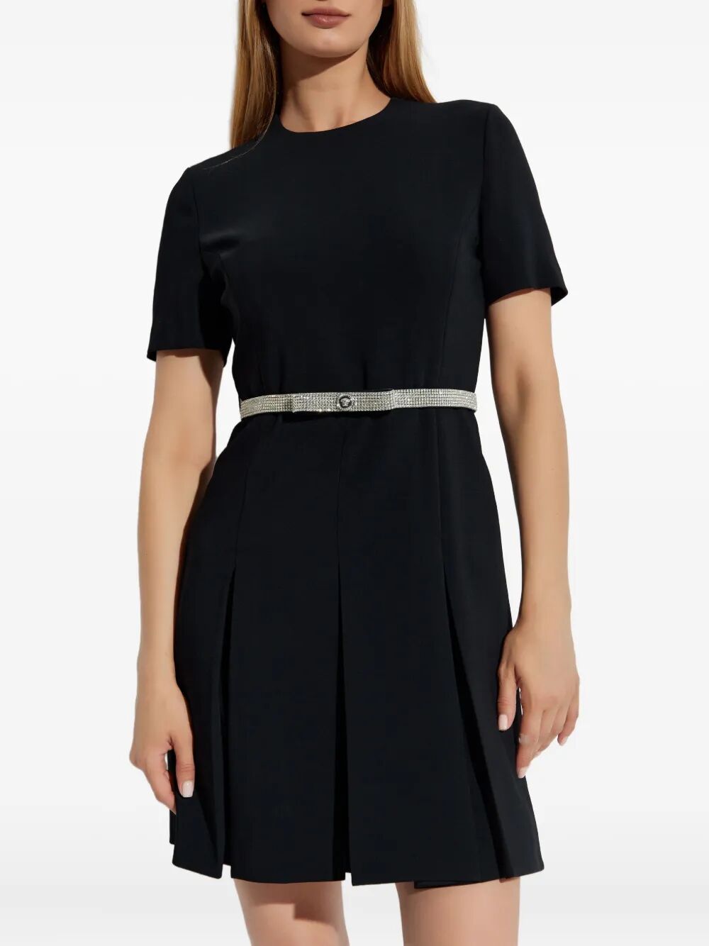 CRYSTAL-EMBELLISHED BELT COCKTAIL DRESS