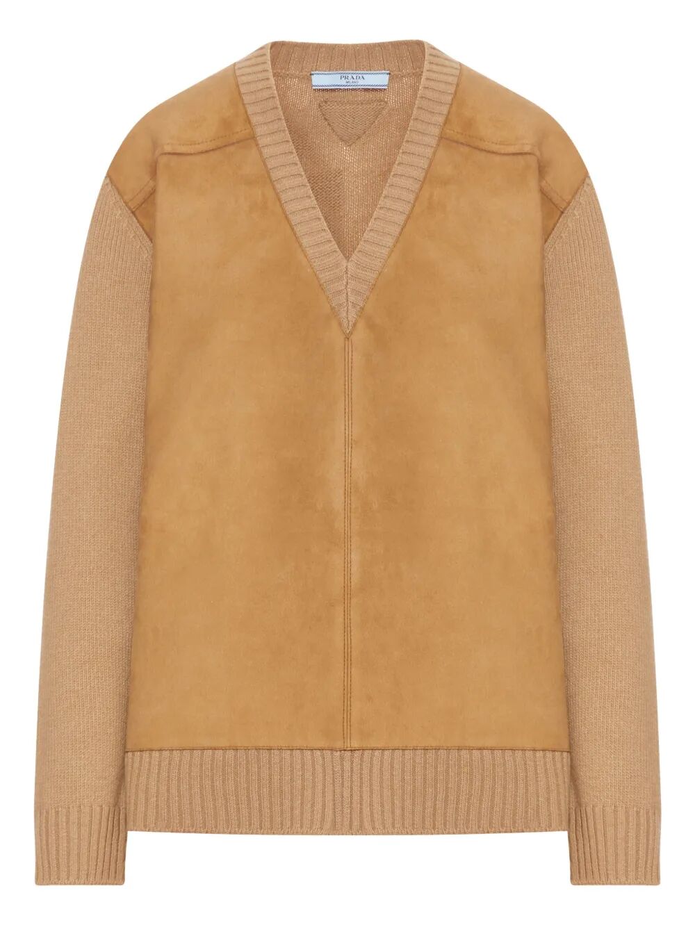 SUEDE-PANEL V-NECK WOOL SWEATER