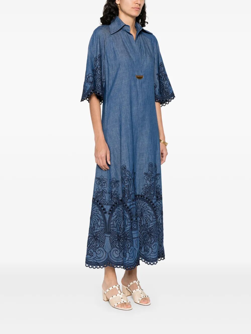 COCO EMBROIDERED DENIM LONG DRESS