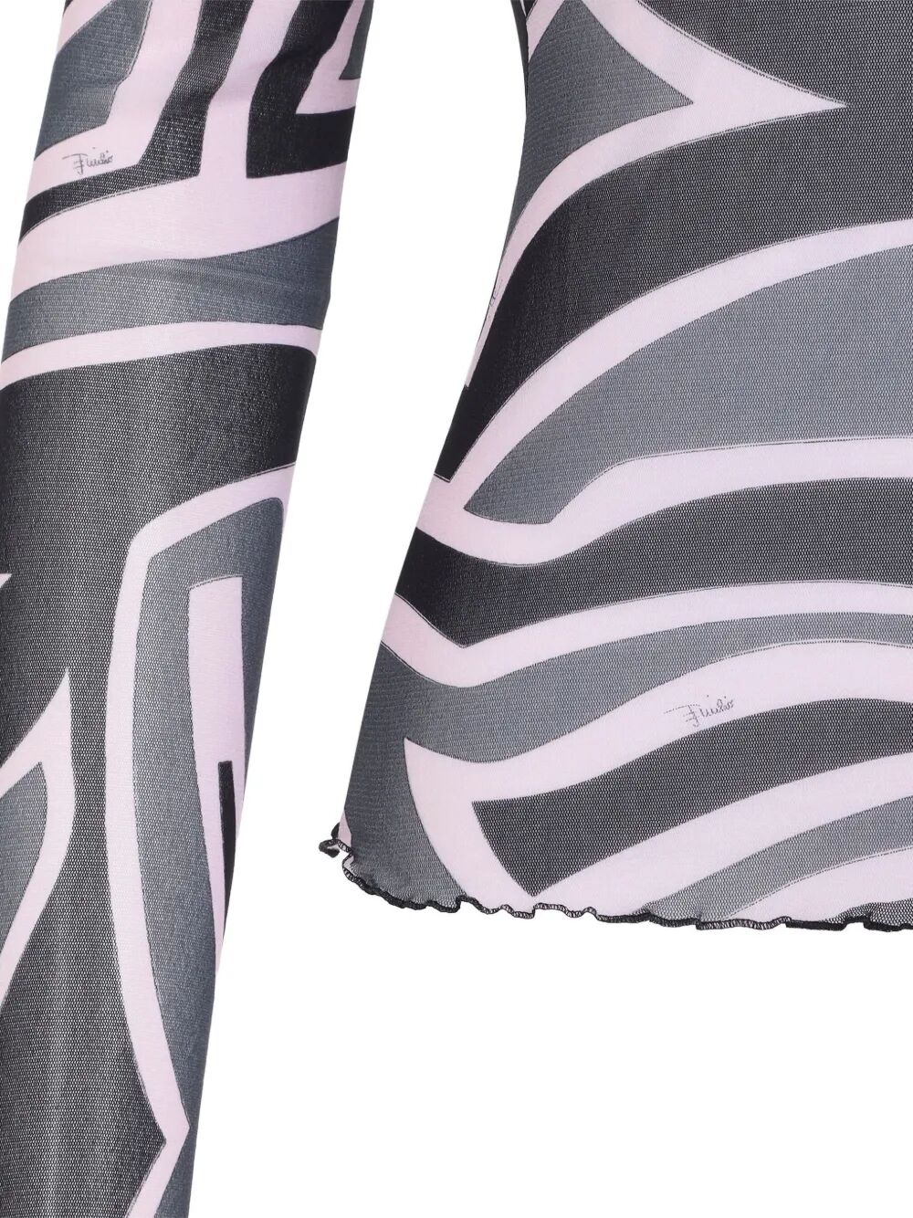 SEMI SHEER PRINTED LONG-SLEEVED HIGH-NECK TOP