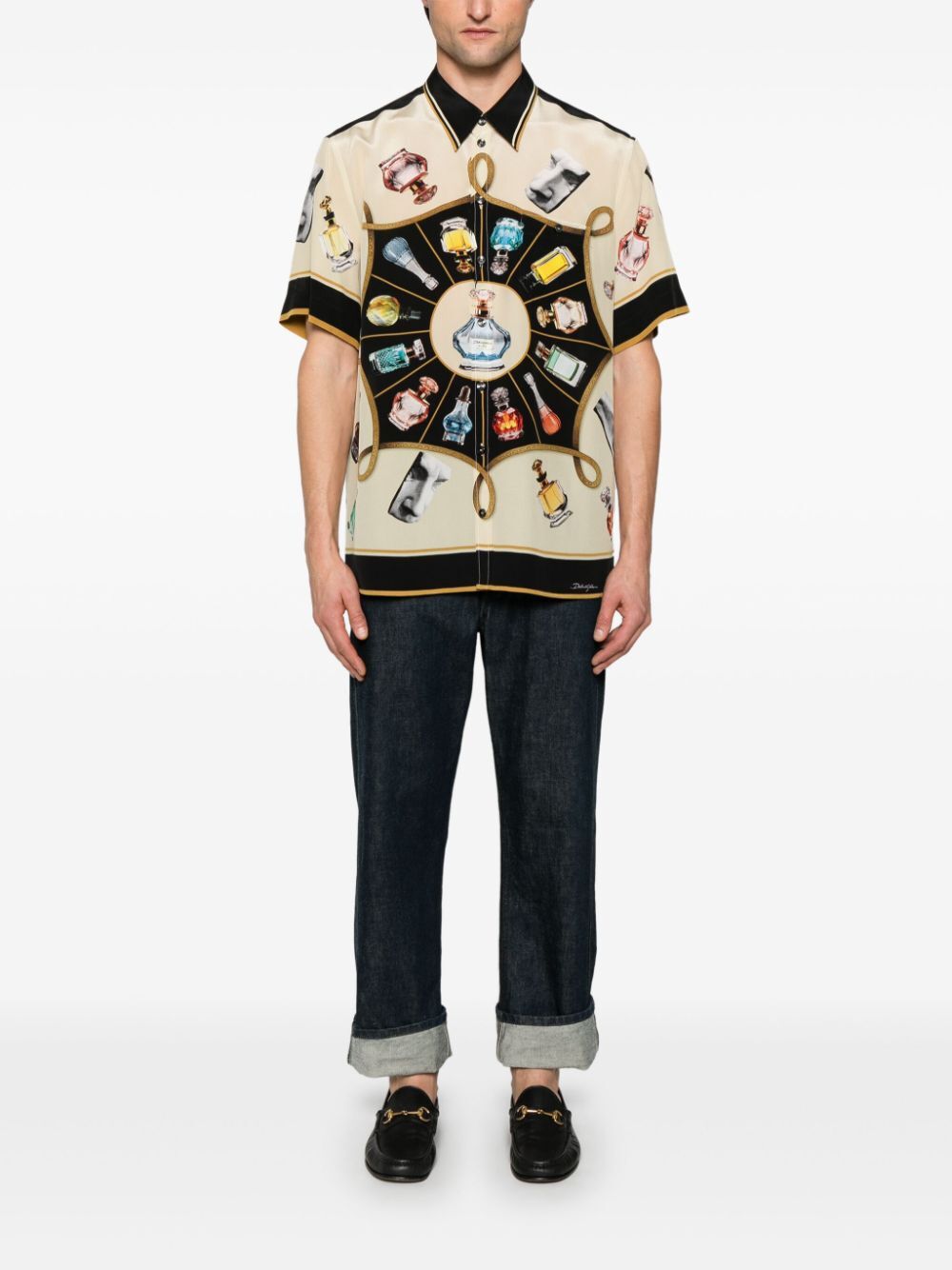 PERFUME-PRINT SHORT SLEEVED SILK SHIRT