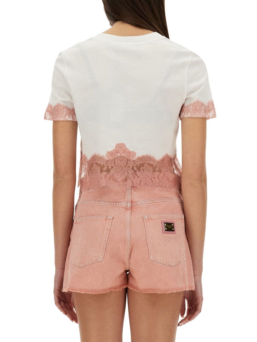 CROPPED JERSEY T-SHIRT WITH LACE INSERTS