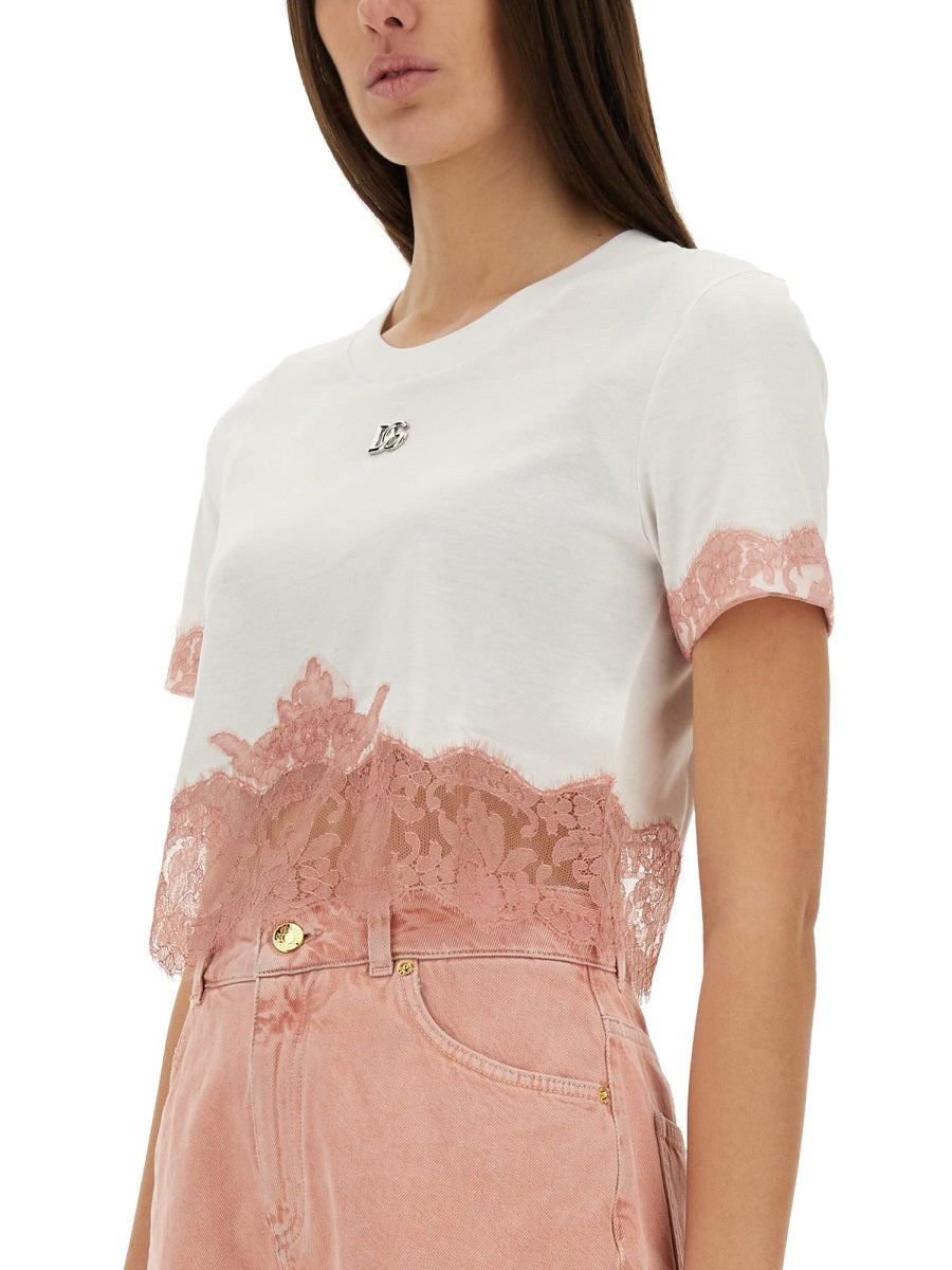 CROPPED JERSEY T-SHIRT WITH LACE INSERTS