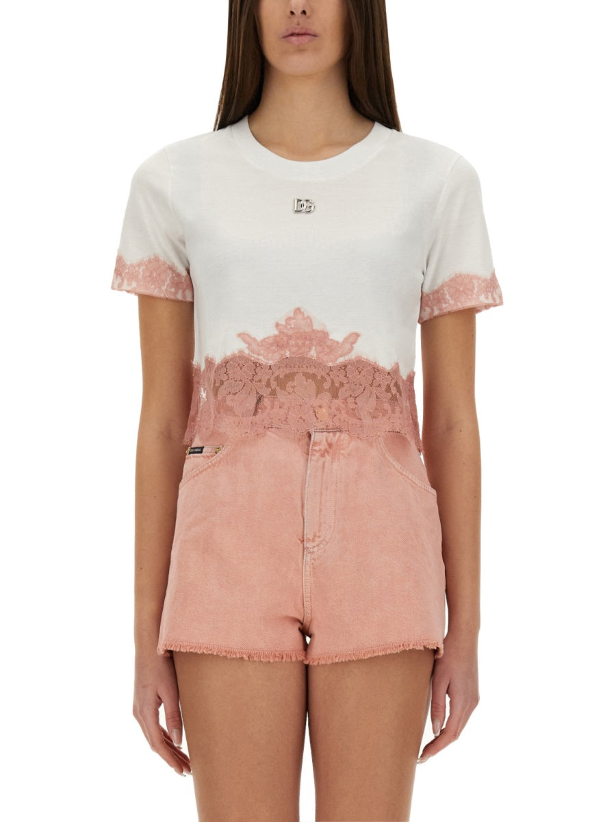 CROPPED JERSEY T-SHIRT WITH LACE INSERTS
