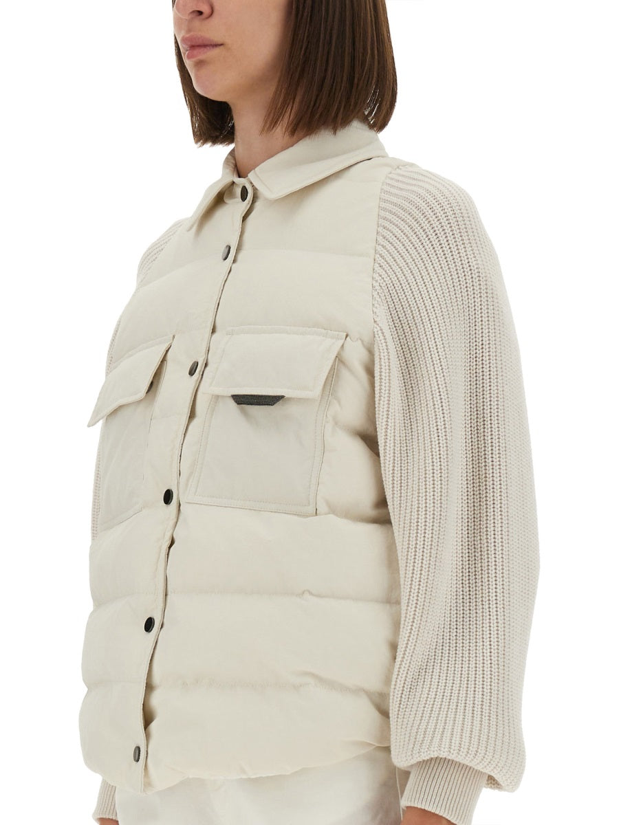 DOWN JACKET WITH SHINY FLAP DETAIL