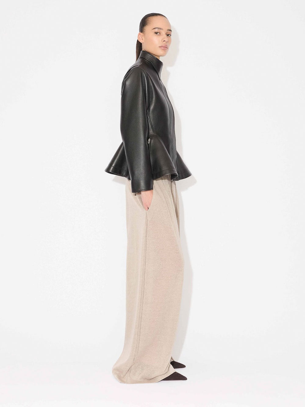 PEPLUM JACKET IN WASHED LAMBSKIN LEATHER