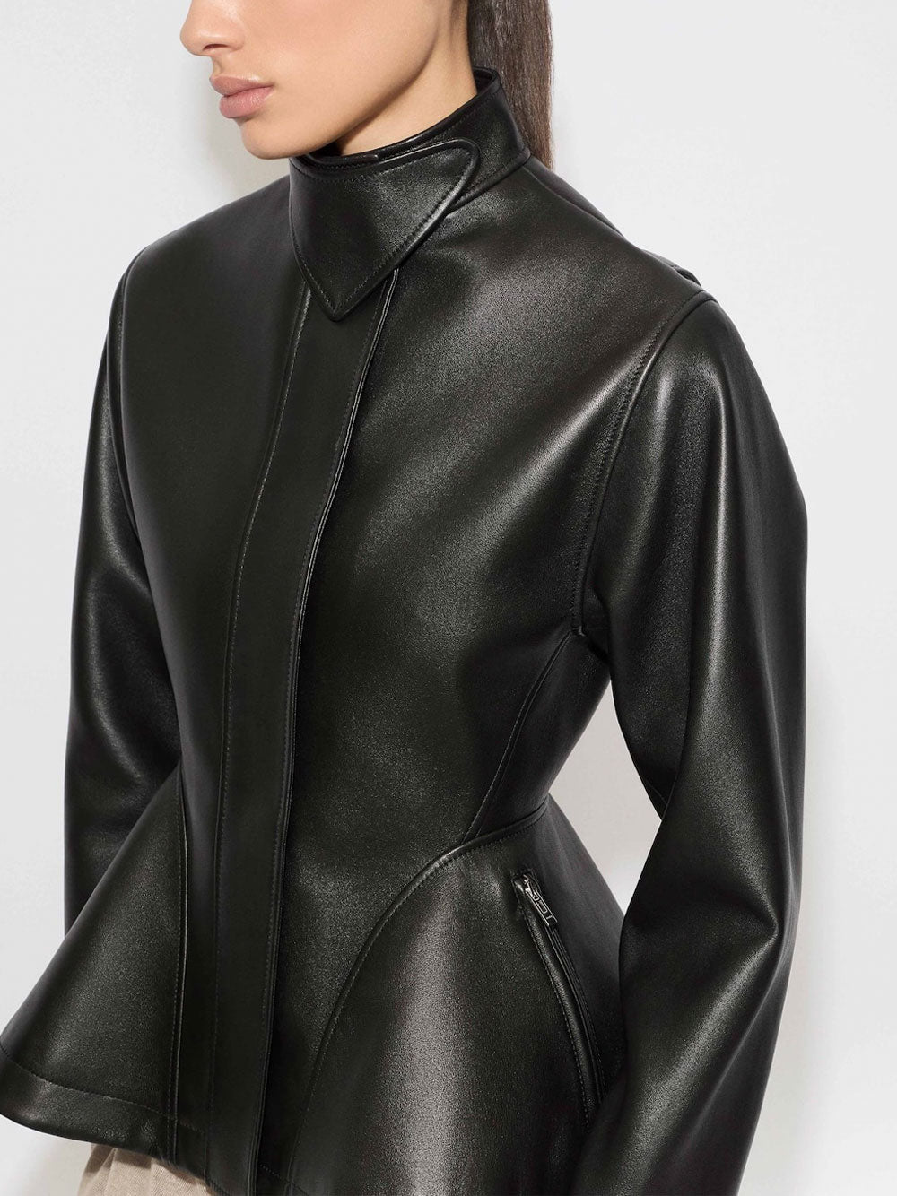 PEPLUM JACKET IN WASHED LAMBSKIN LEATHER