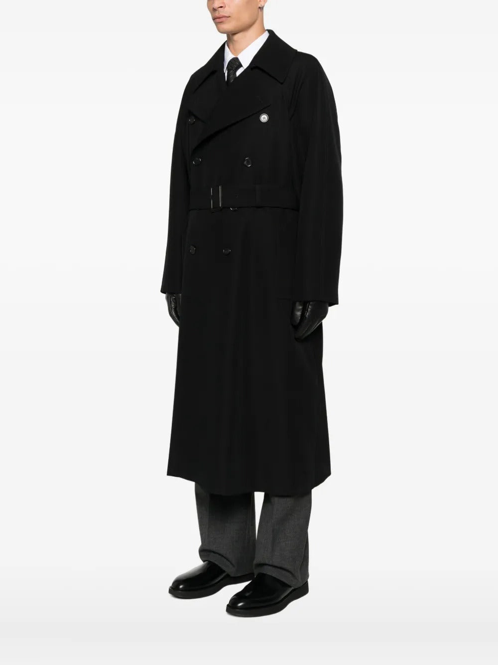 DOUBLE-BREASTED LONG COAT IN GRAIN DE POUDRE