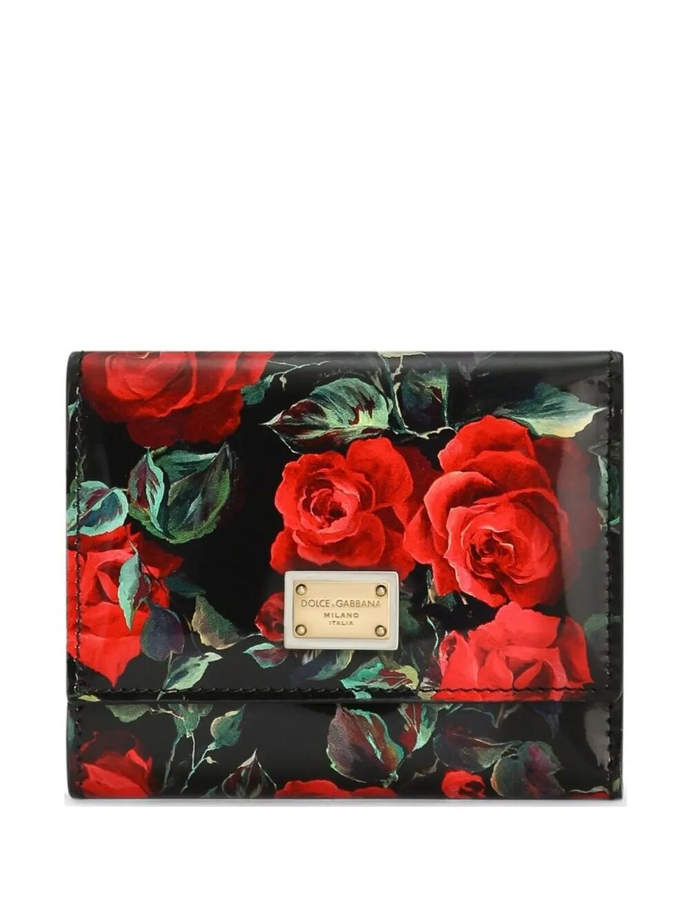 POLISHED CALFSKIN ROSE PRINT TRIFOLD WALLET