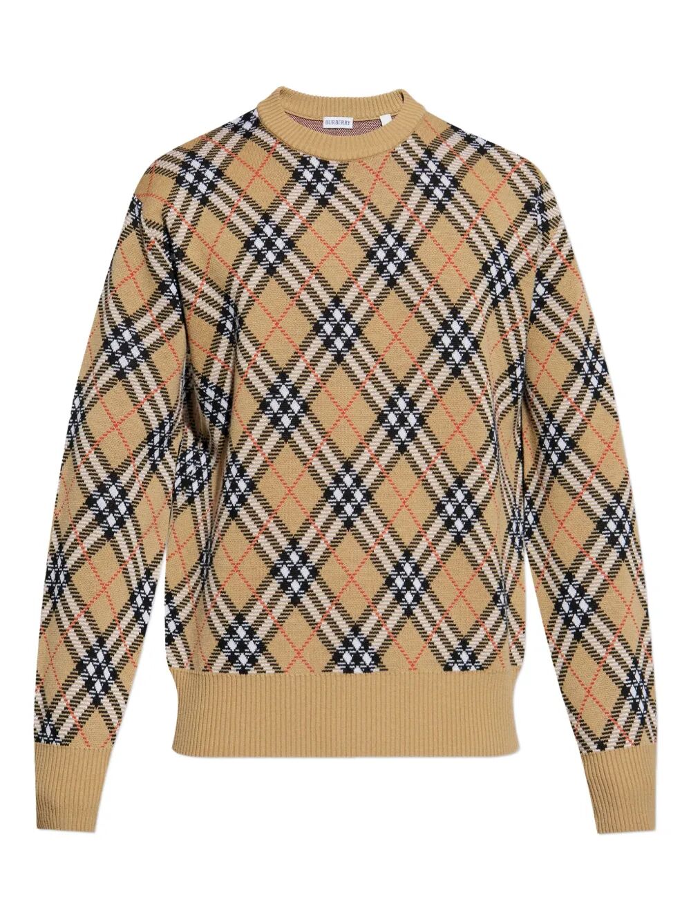 CHECK-PATTERN WOOL CREW NECK SWEATER