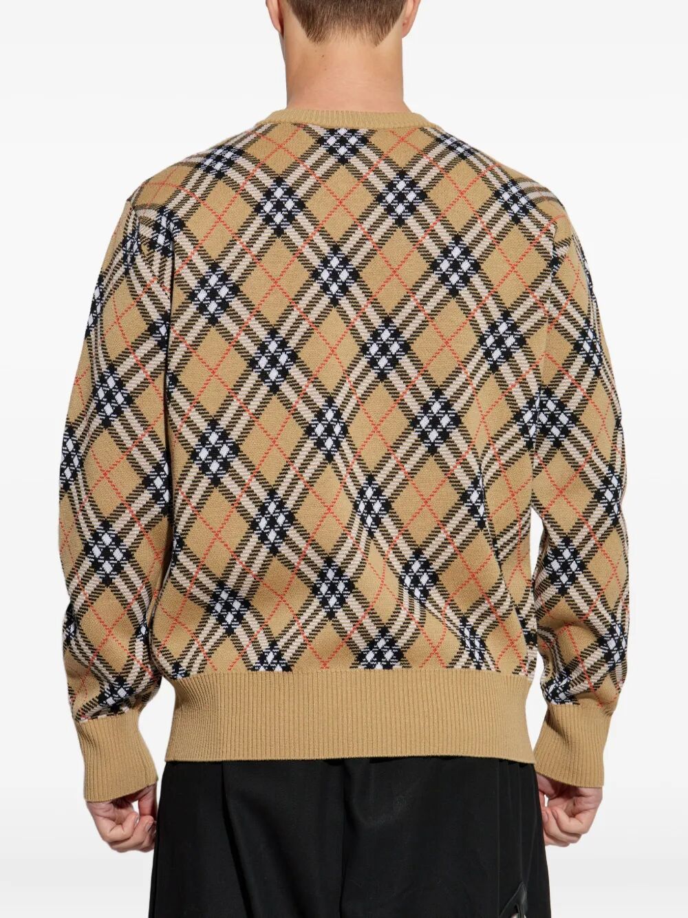 CHECK-PATTERN WOOL CREW NECK SWEATER