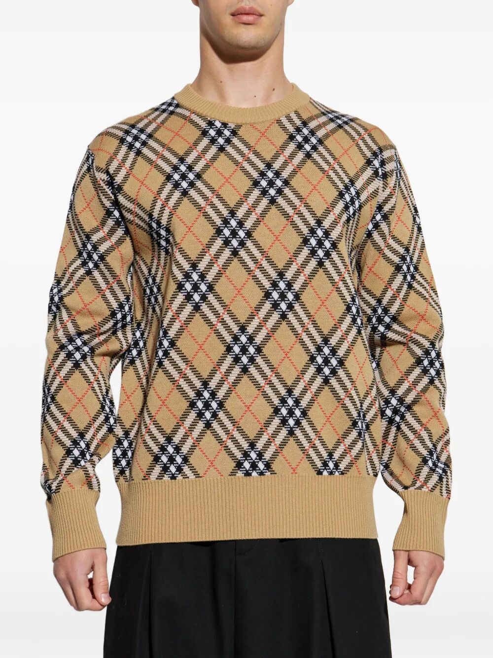 CHECK-PATTERN WOOL CREW NECK SWEATER