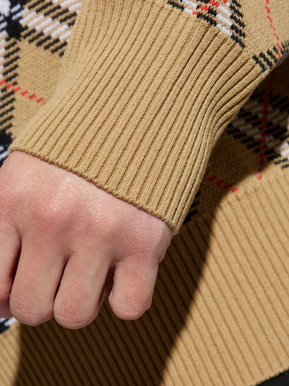 CHECK-PATTERN WOOL CREW NECK SWEATER