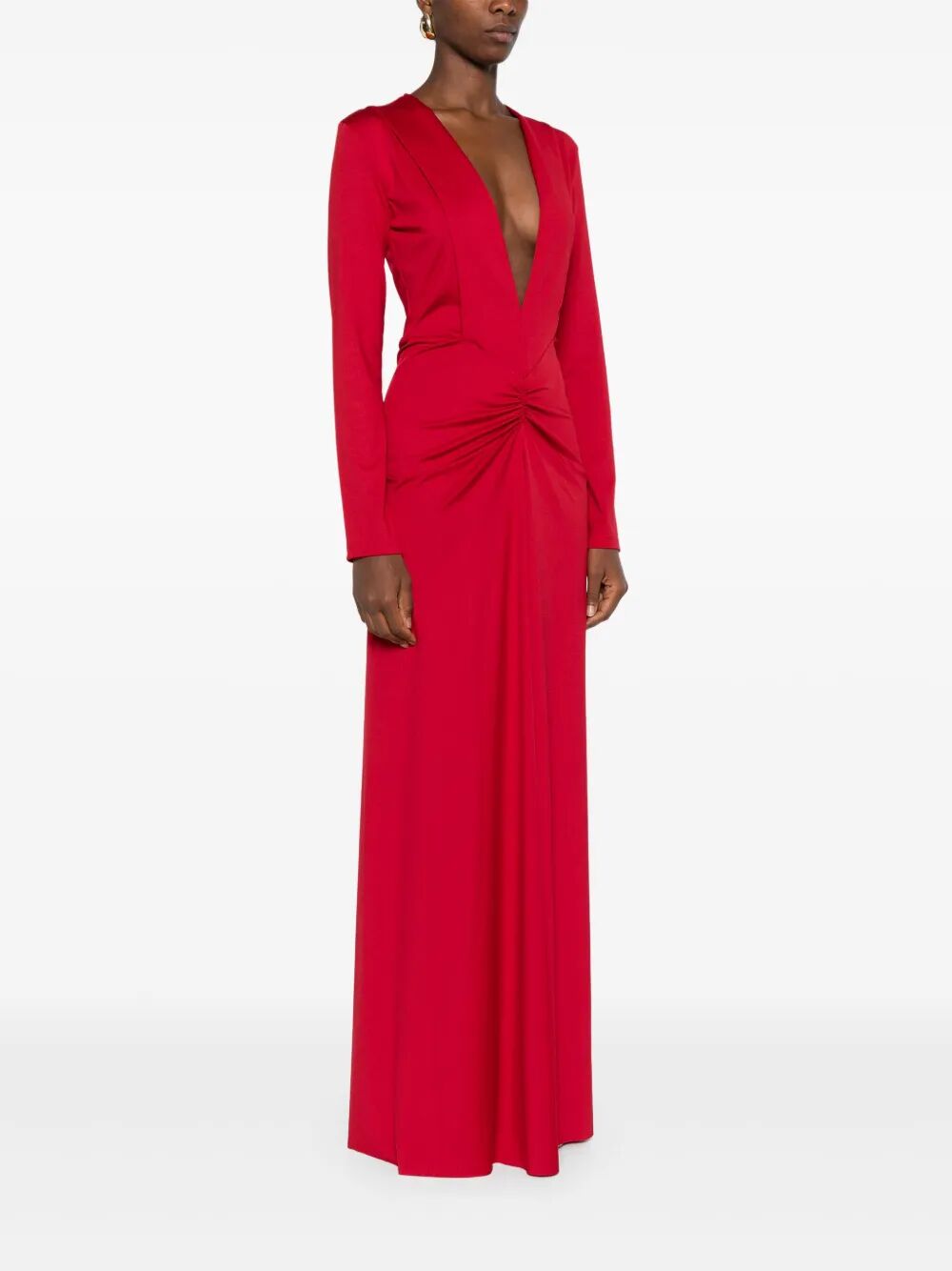 V-NECK LONG DRESS WITH GATHERED DETAIL