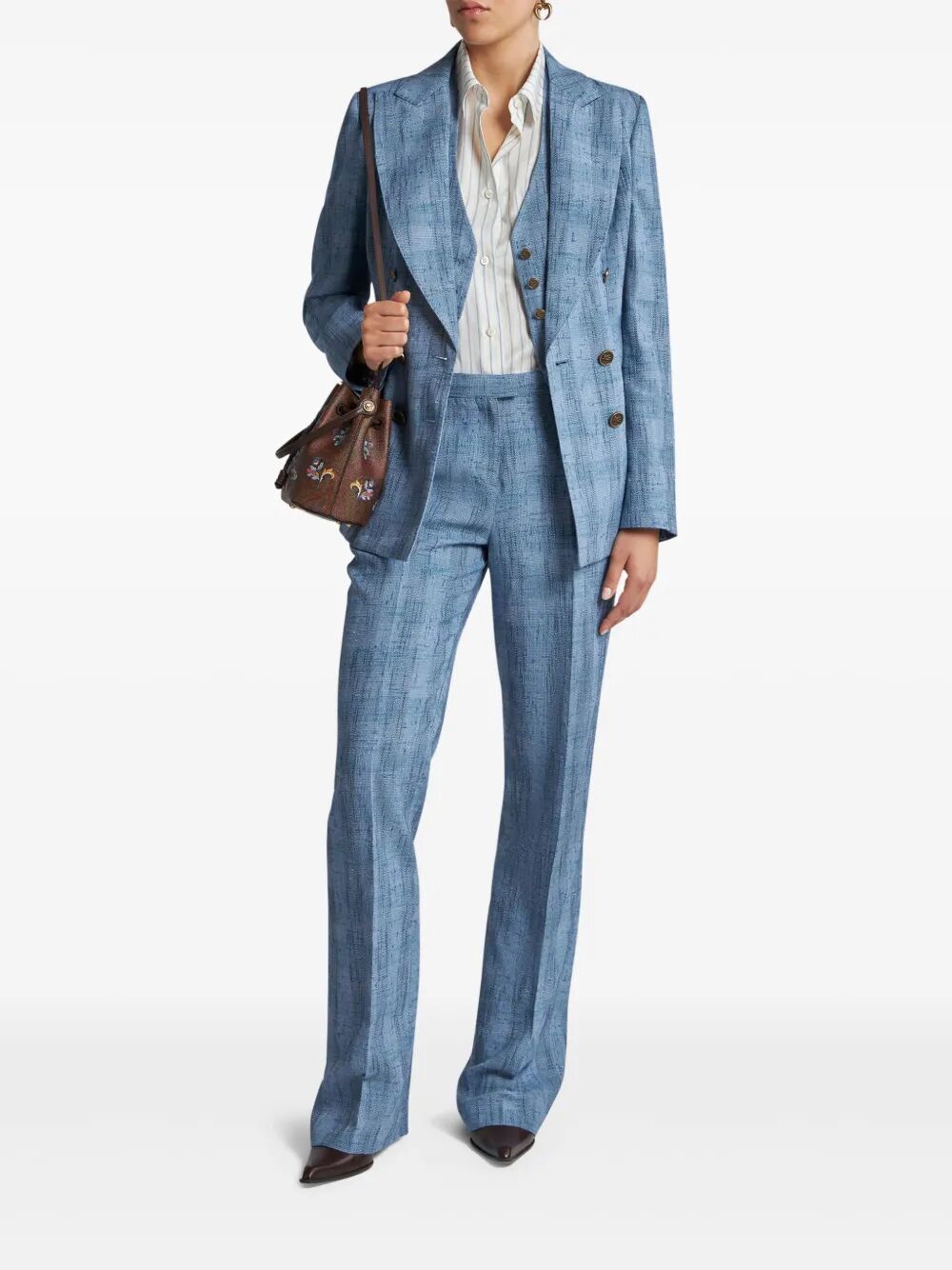 SLUBBED CHECK MOTIF LINEN-BLEND TROUSERS