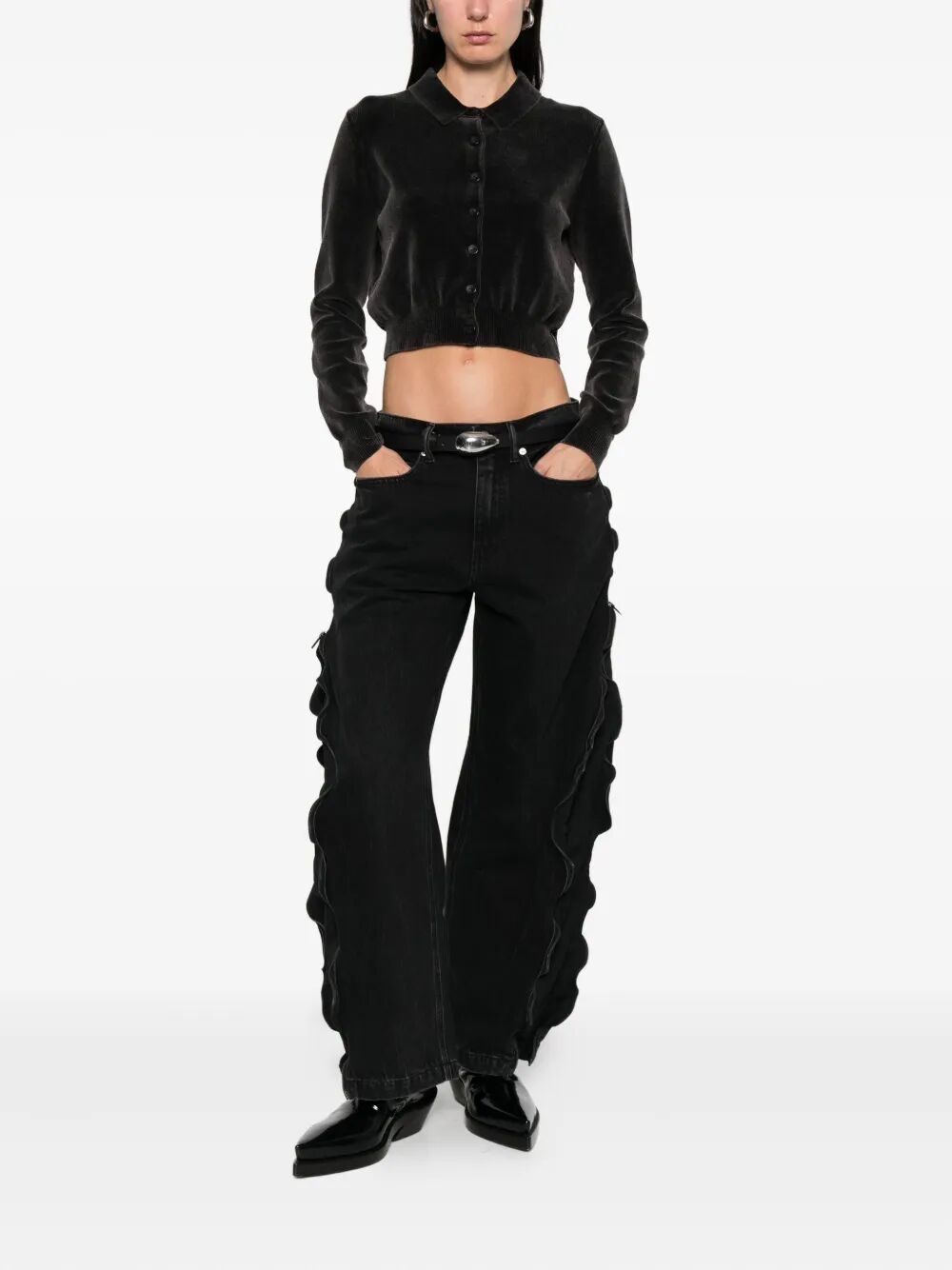 COTTON-BLEND CHENILLE CROPPED POLO CARDIGAN