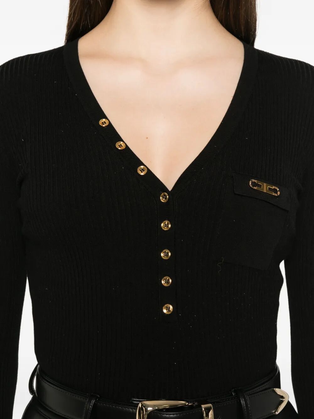 RIBBED KNIT TOP WITH BREAST POCKET