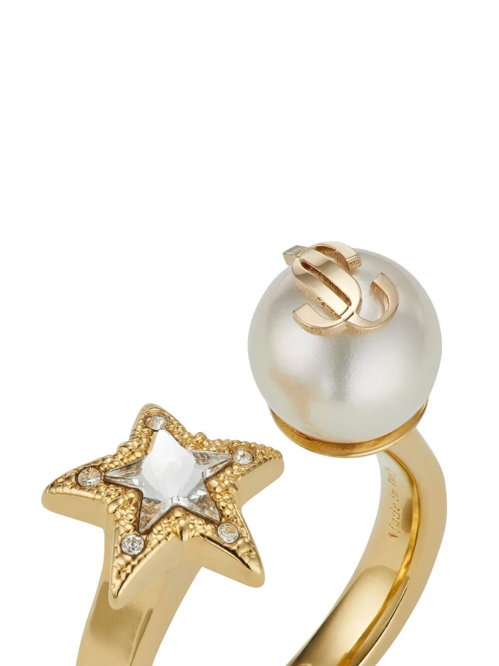 GOLD-FINISH METAL RING WITH CRYSTAL STAR AND PEARL