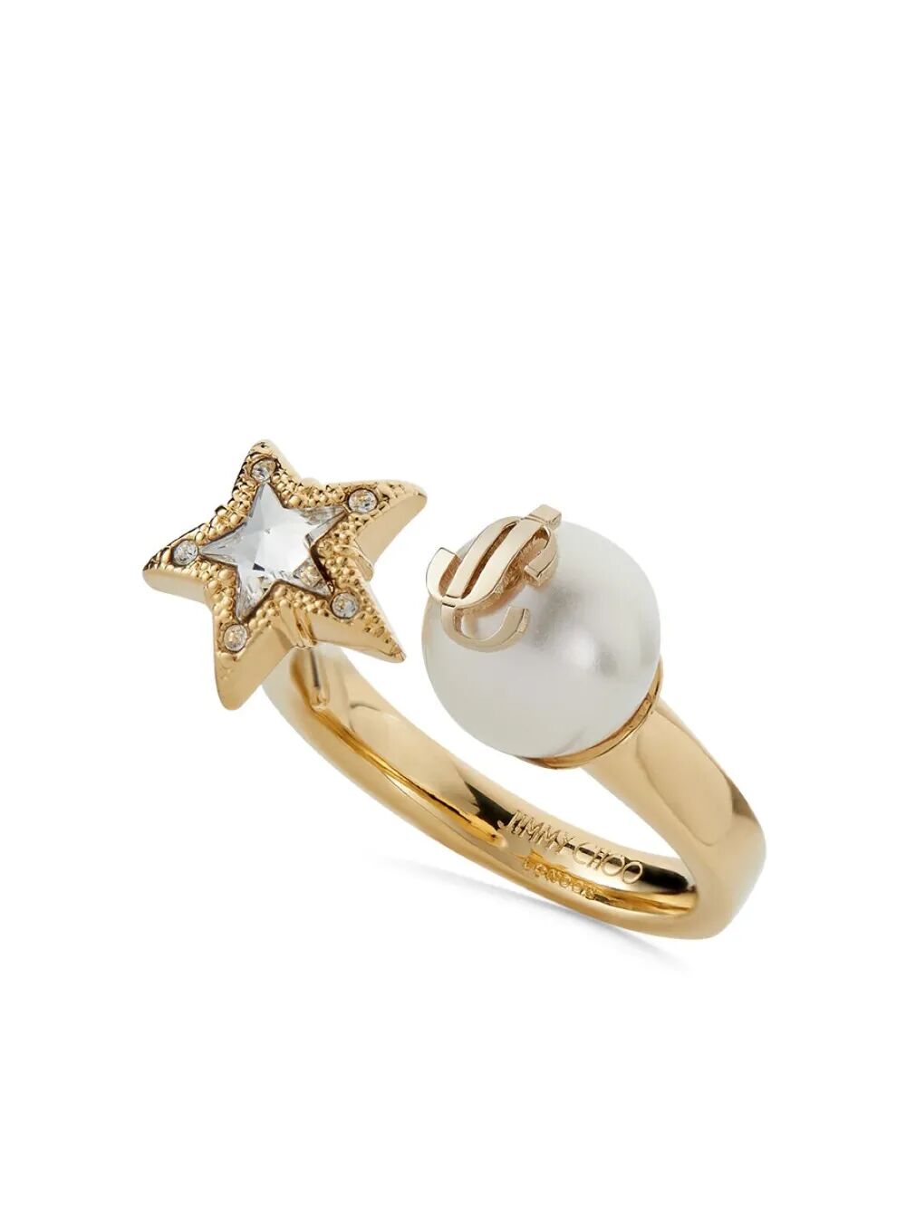 GOLD-FINISH METAL RING WITH CRYSTAL STAR AND PEARL