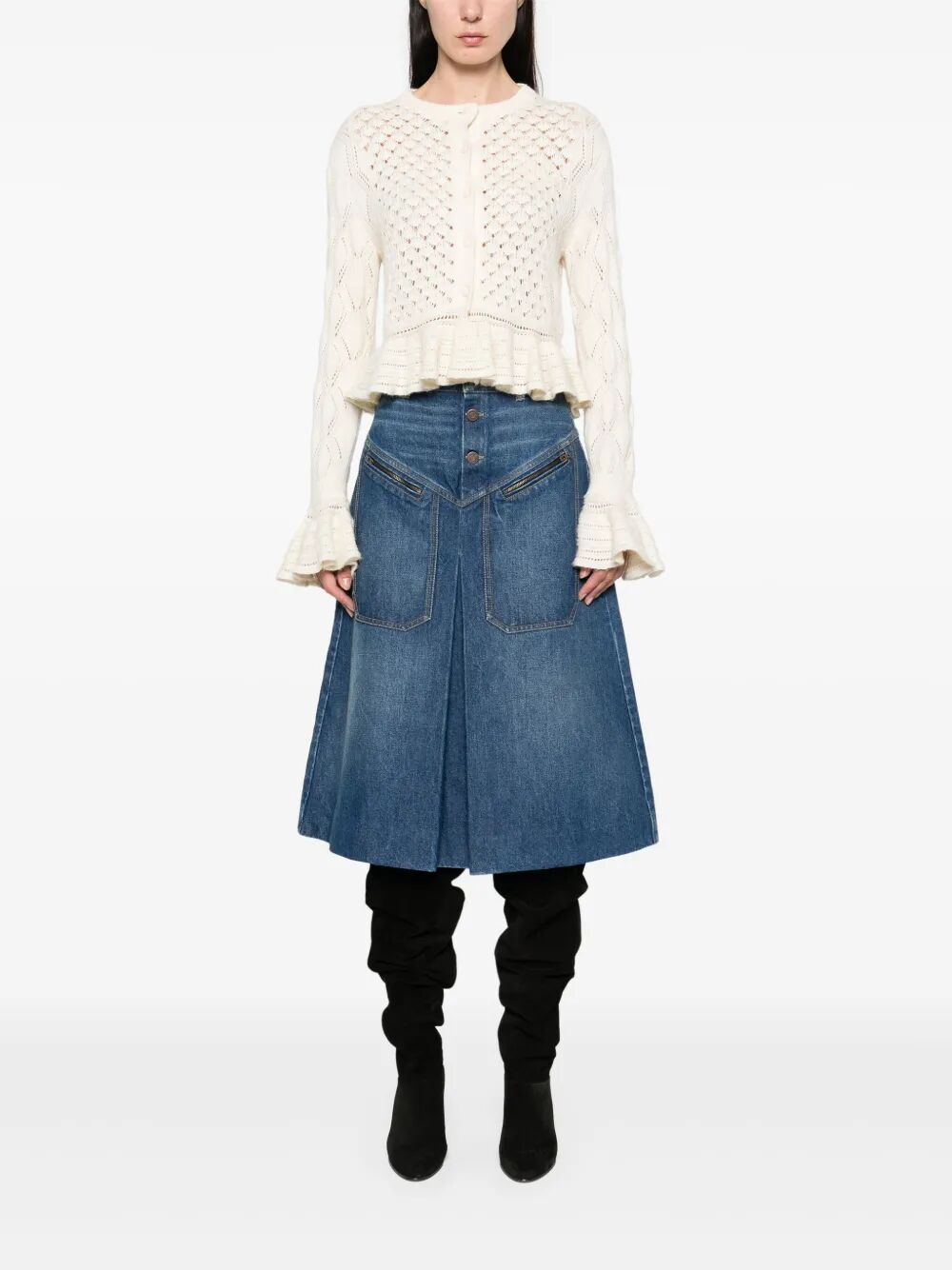 COTTON, ALPACA AND SILK KNIT RUFFLED AND CROPPED CARDIGAN