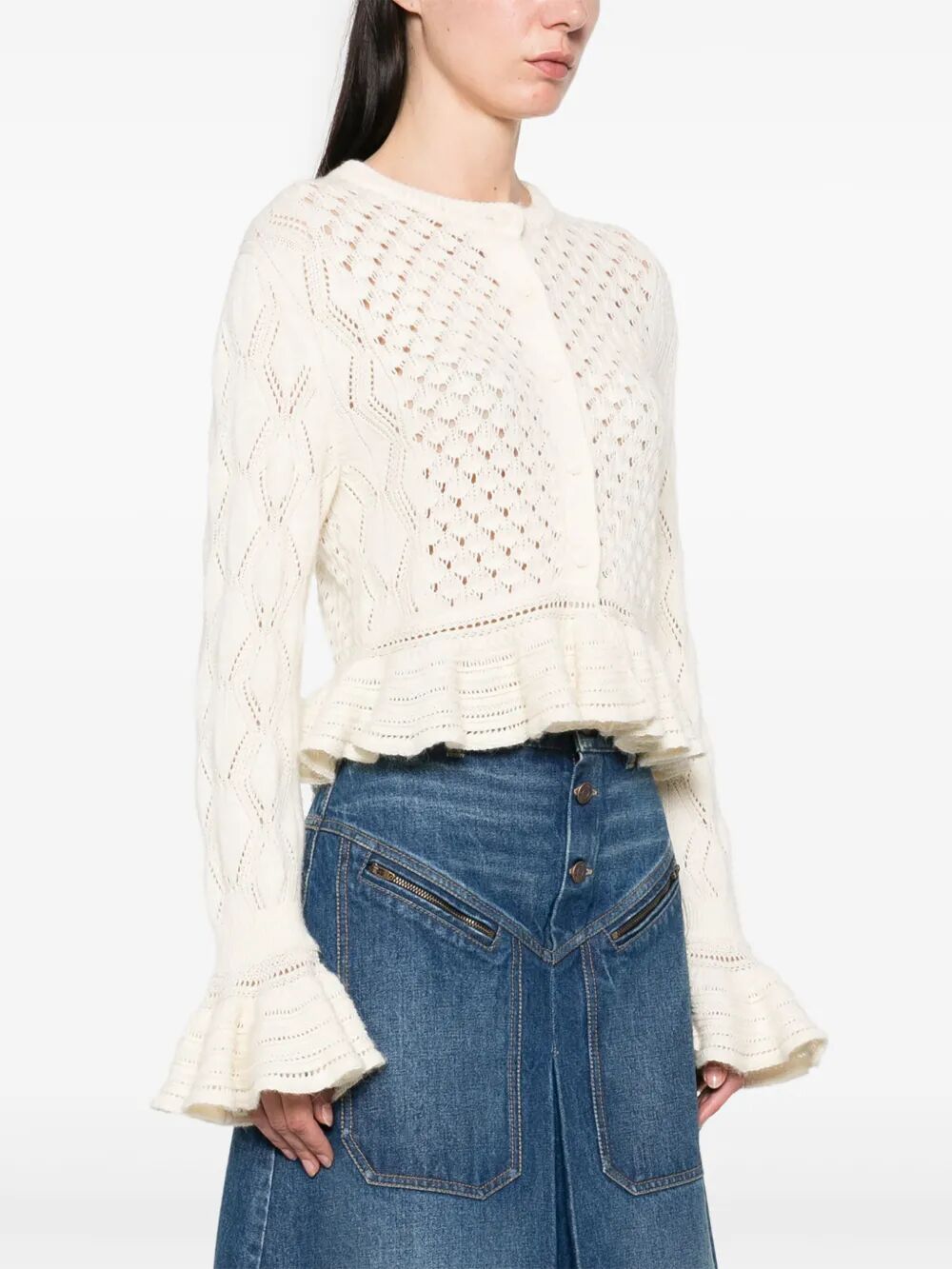 COTTON, ALPACA AND SILK KNIT RUFFLED AND CROPPED CARDIGAN