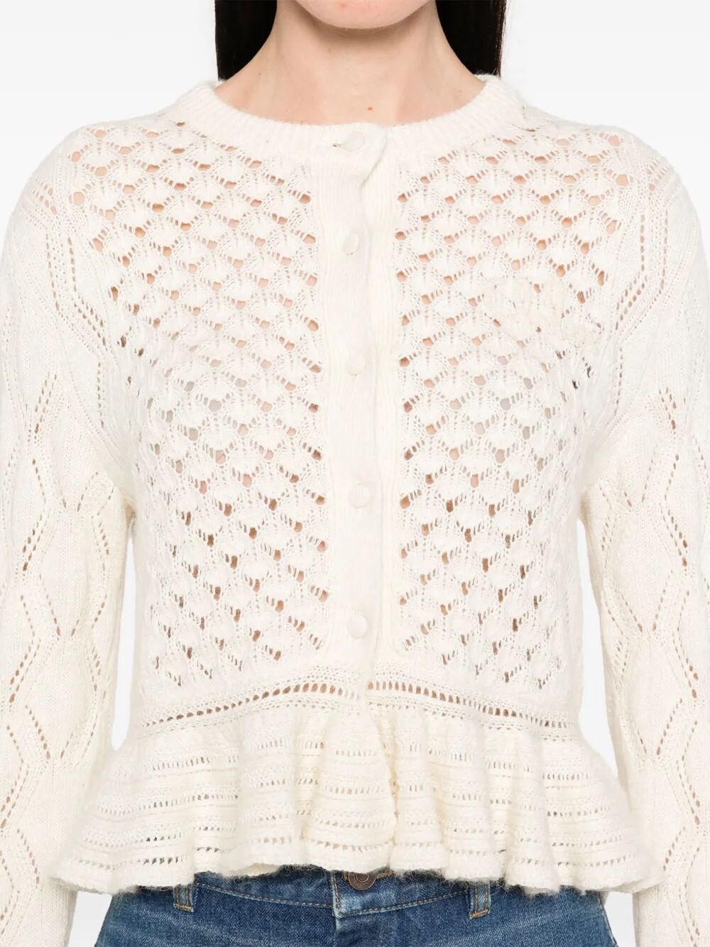 COTTON, ALPACA AND SILK KNIT RUFFLED AND CROPPED CARDIGAN