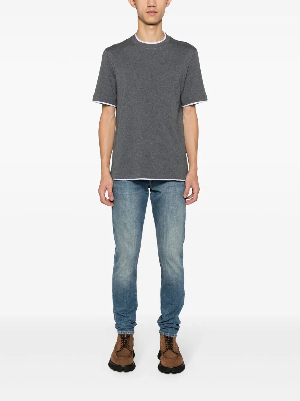 COTTON JERSEY CREW NECK T-SHIRT WITH FAUX-LAYERING