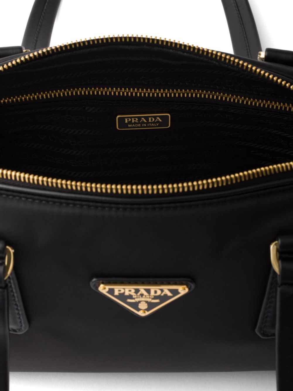 RE-NYLON AND LEATHER MEDIUM TOP-HANDLE BAG WITH PADLOCK