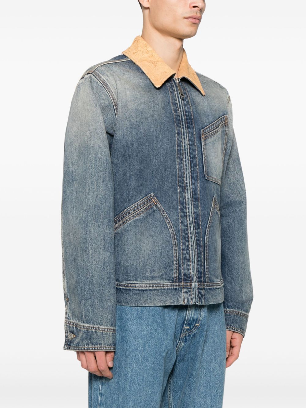 SUEDE COLLAR ZIP-UP DENIM JACKET