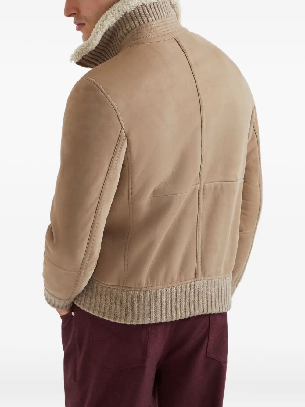 SUEDE CURLY SHEARLING BOMBER JACKET WITH CASHMERE KNIT COLLAR