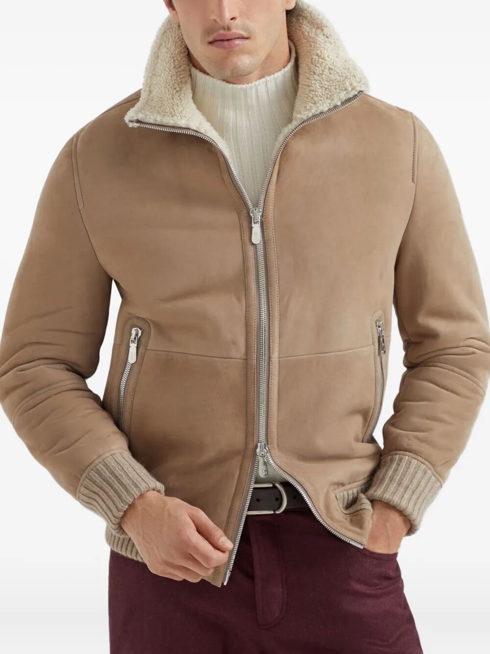 SUEDE CURLY SHEARLING BOMBER JACKET WITH CASHMERE KNIT COLLAR