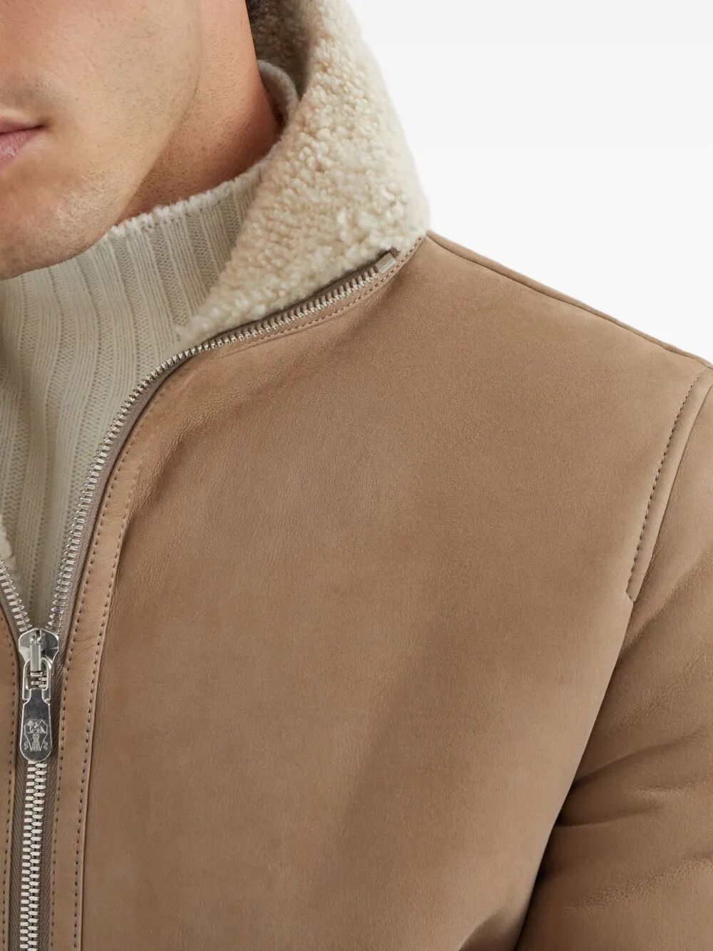 SUEDE CURLY SHEARLING BOMBER JACKET WITH CASHMERE KNIT COLLAR