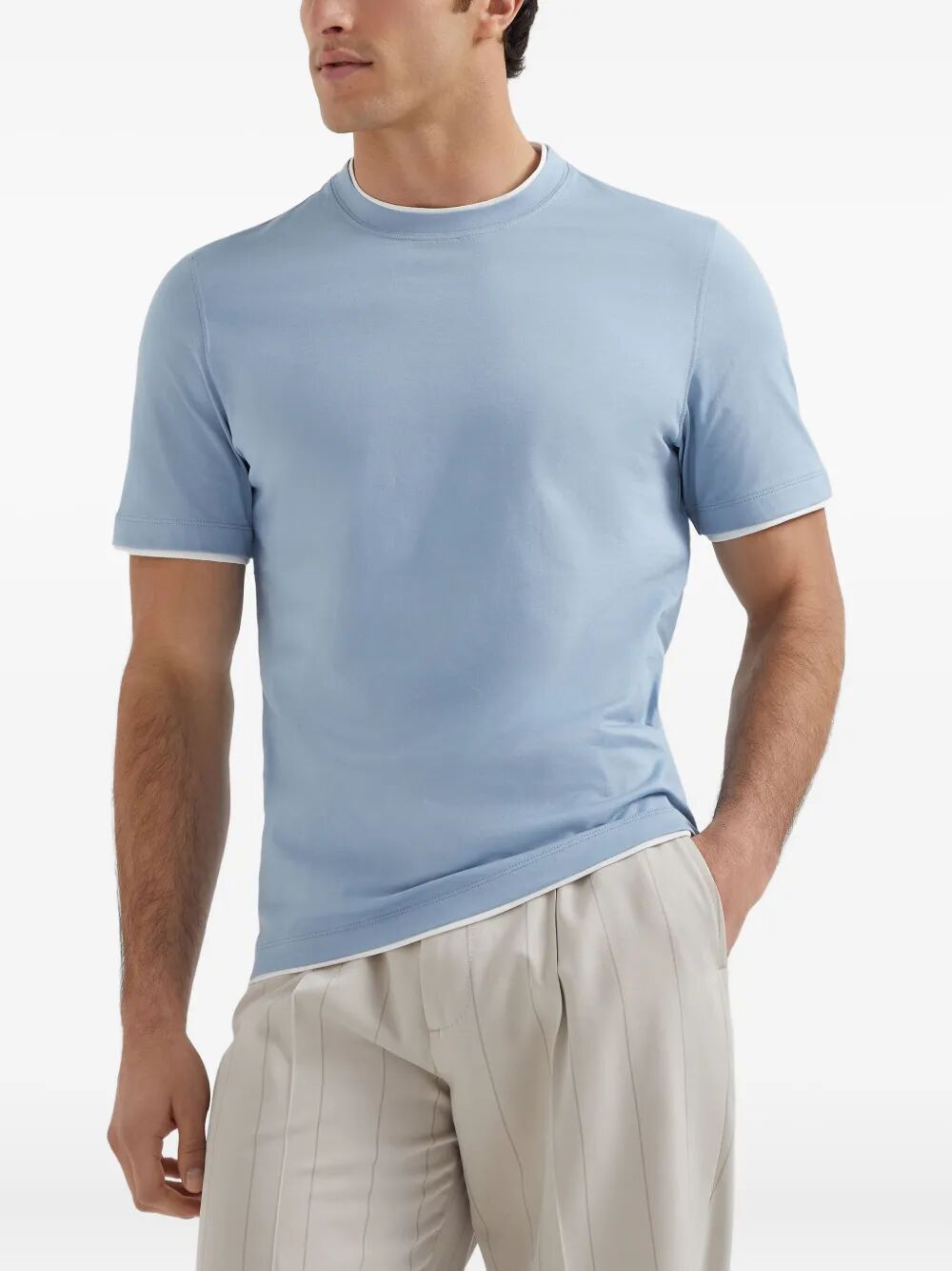 COTTON JERSEY CREW NECK T-SHIRT WITH FAUX-LAYERING