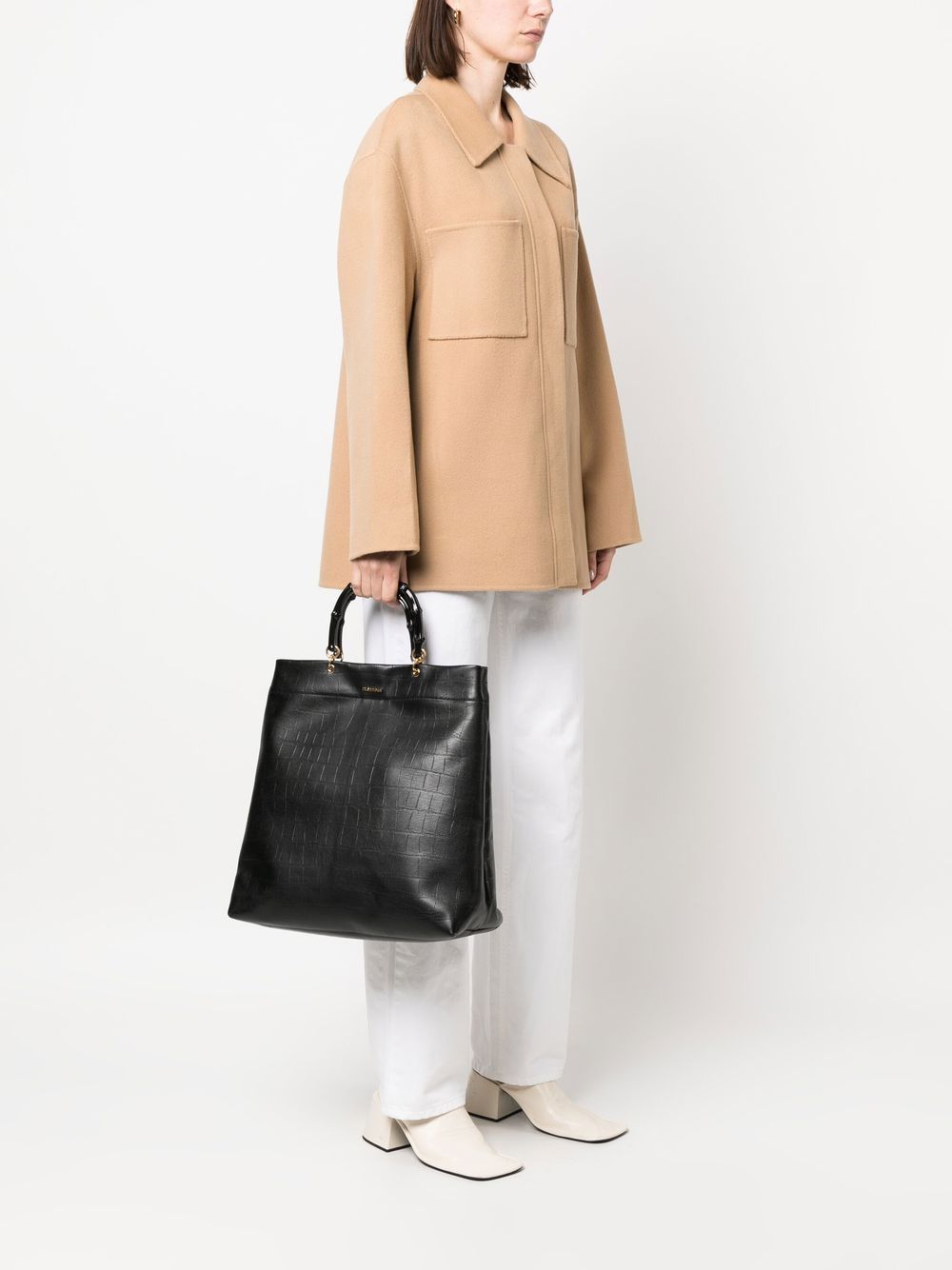 BAMBOO-HANDLE EMBOSSED LEATHER TOTE BAG