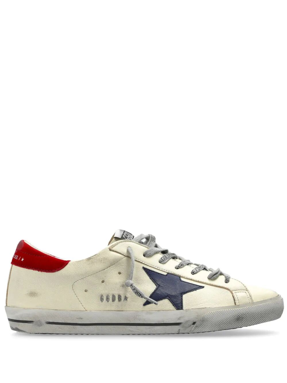 SUPER-STAR SNEAKERS WITH DISTRESSED FINISH, RED LEATHER STAR AND BLUE LEATHER HEEL TAB