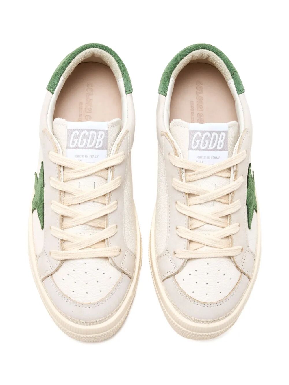 MAY SNEAKERS IN WHITE AND BEIGE LEATHER AND GREEN SUEDE STAR AND HEEL TAB