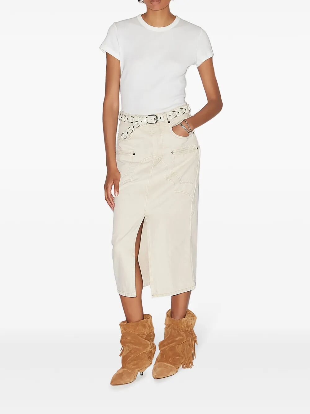 BRITT STITCHED DENIM MIDI SKIRT