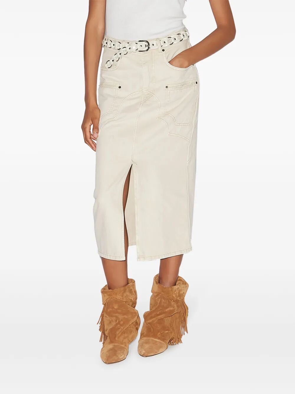 BRITT STITCHED DENIM MIDI SKIRT