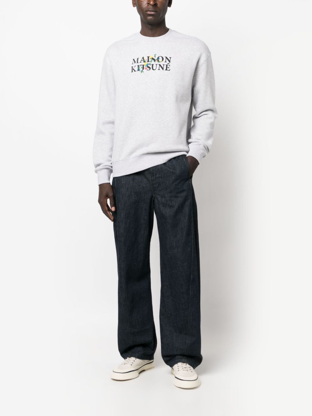 FLOWER EMBROIDERY COTTON CREWNECK SWEATSHIRT