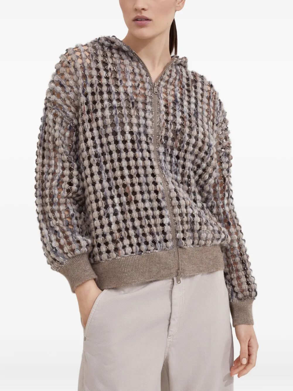 BALLOON NET EMBROIDERY WOOL HOODED CARDIGAN