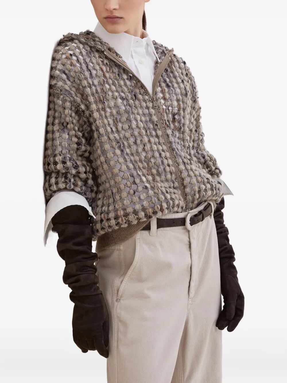 BALLOON NET EMBROIDERY WOOL HOODED CARDIGAN