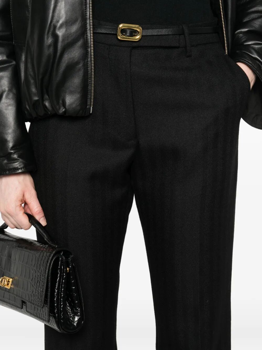 SHARP HERRINGBONE TAILORED STRAIGHT LEG TROUSERS