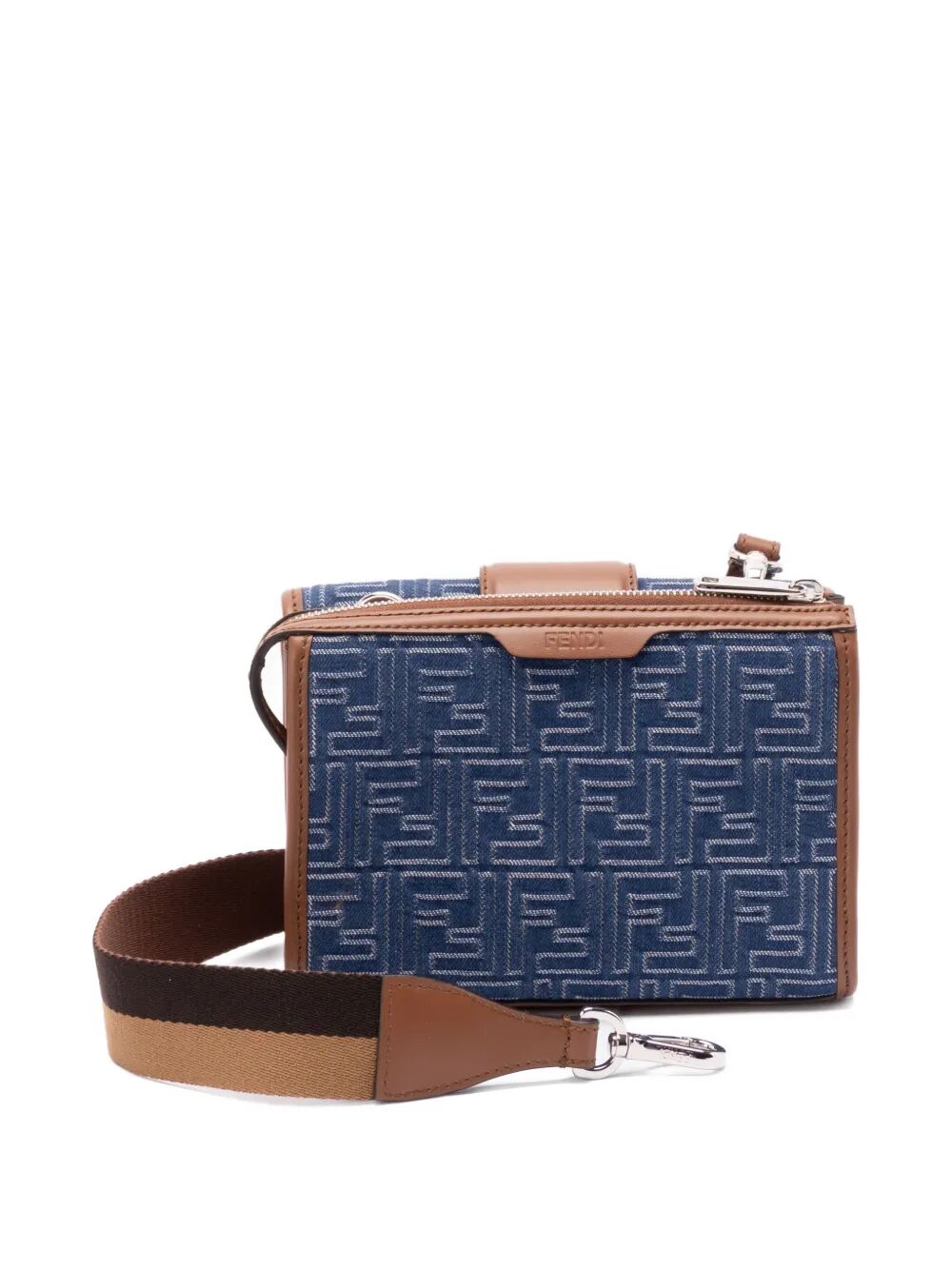 DENIM-EFFECT FF JACQUARD AND LEATHER DOUBLE BAGUETTE BAG