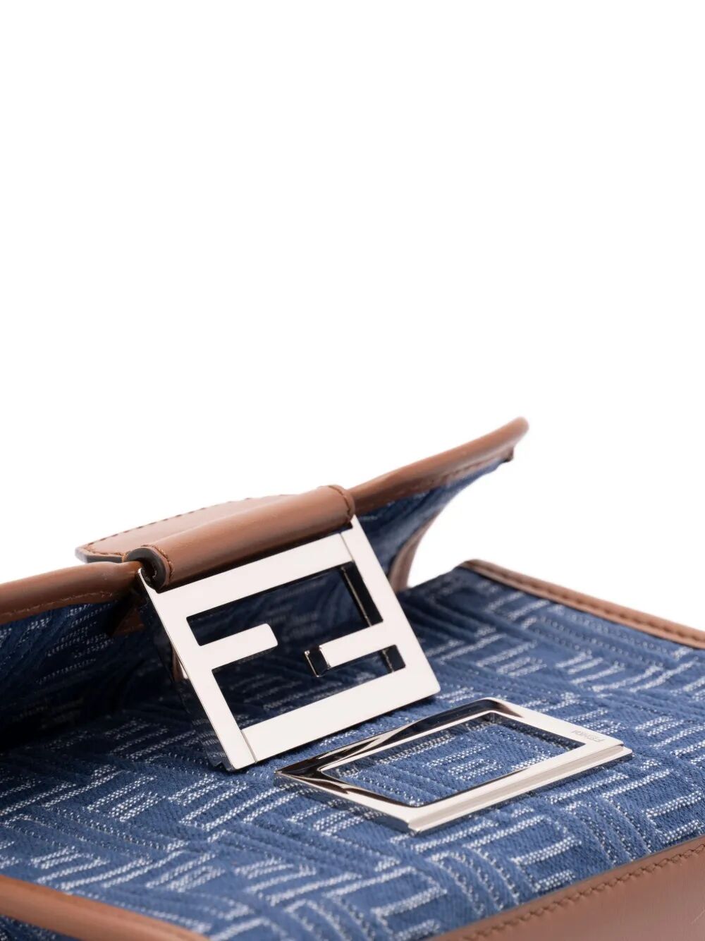 DENIM-EFFECT FF JACQUARD AND LEATHER DOUBLE BAGUETTE BAG
