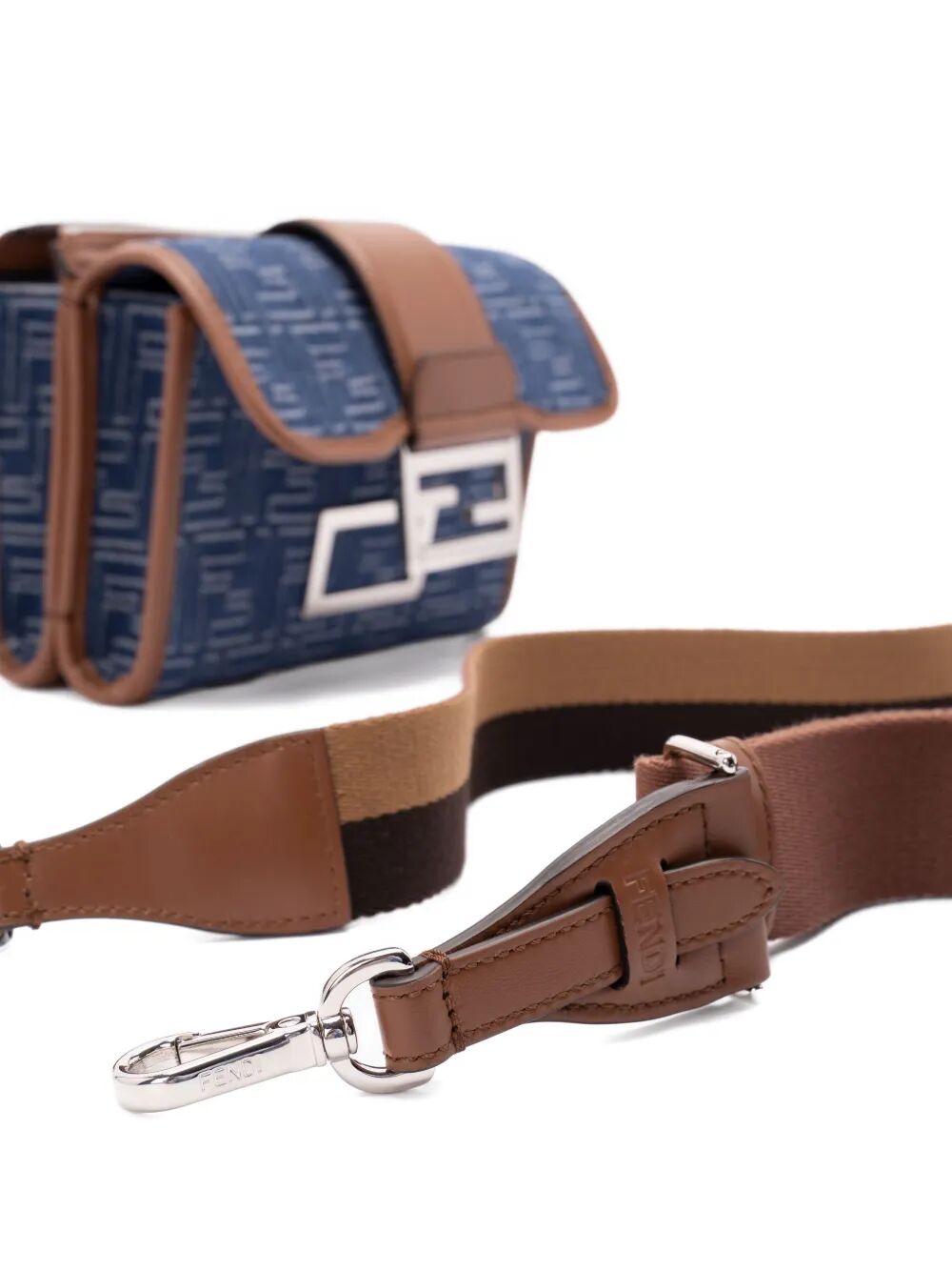 DENIM-EFFECT FF JACQUARD AND LEATHER DOUBLE BAGUETTE BAG
