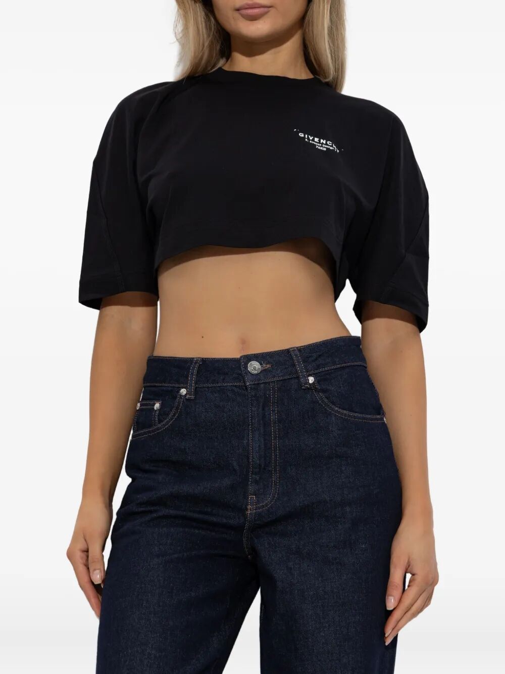 CROPPED FIT T-SHIRT IN COTTON WITH GIVENCHY STAMP PRINT