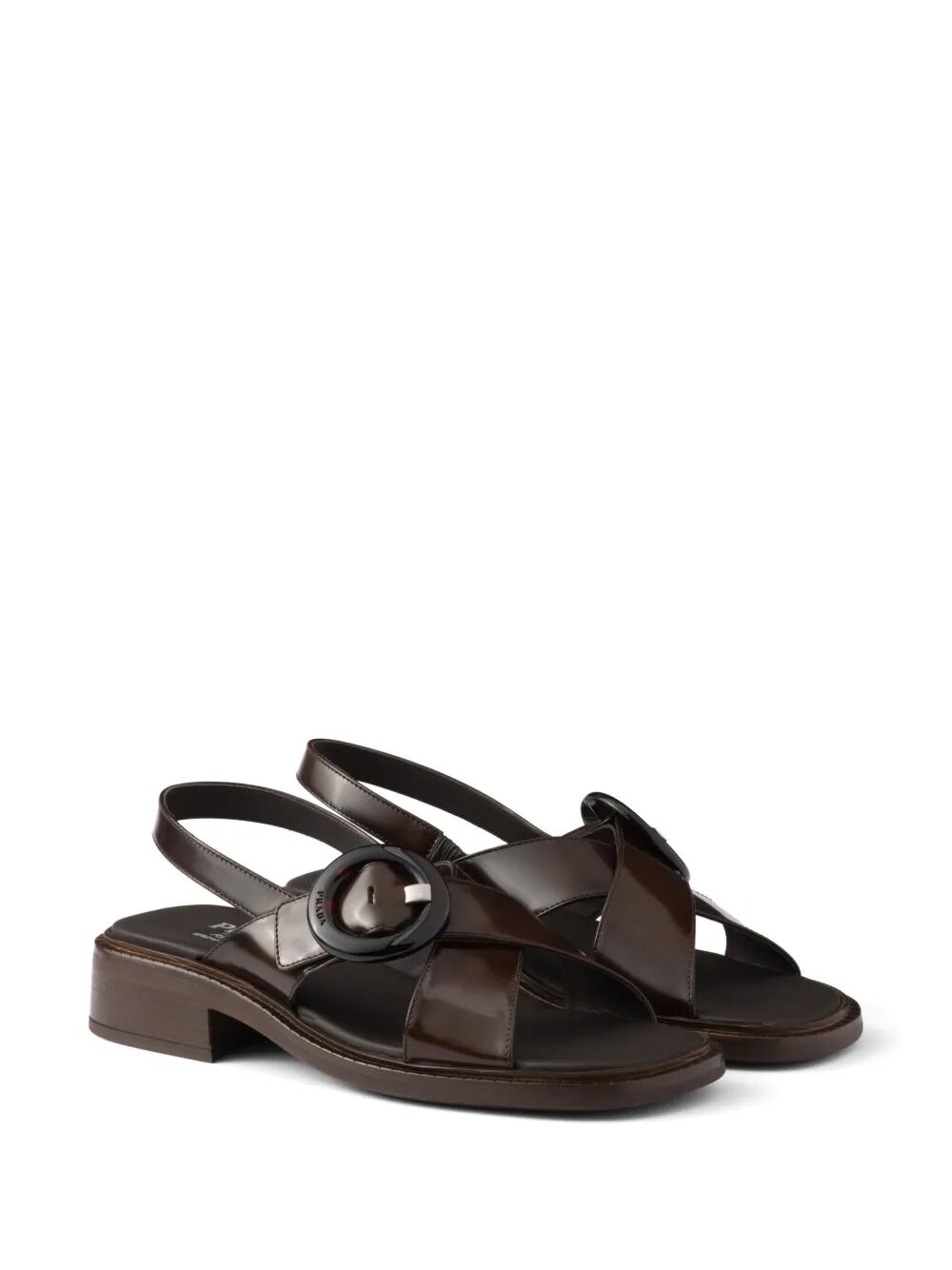 BRUSHED LEATHER CRISSCROSS BAND SANDALS WITH PLEXIGLAS BUCKLE