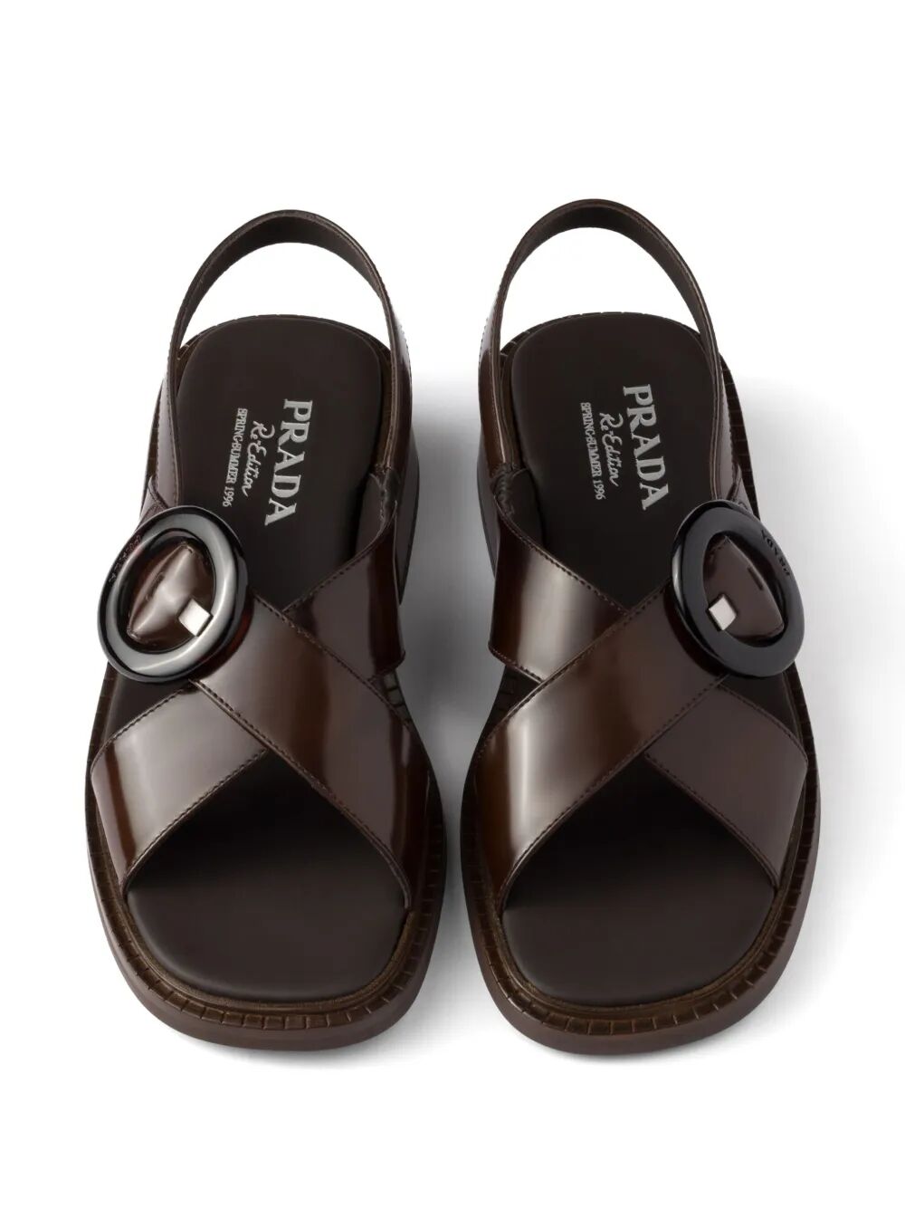BRUSHED LEATHER CRISSCROSS BAND SANDALS WITH PLEXIGLAS BUCKLE