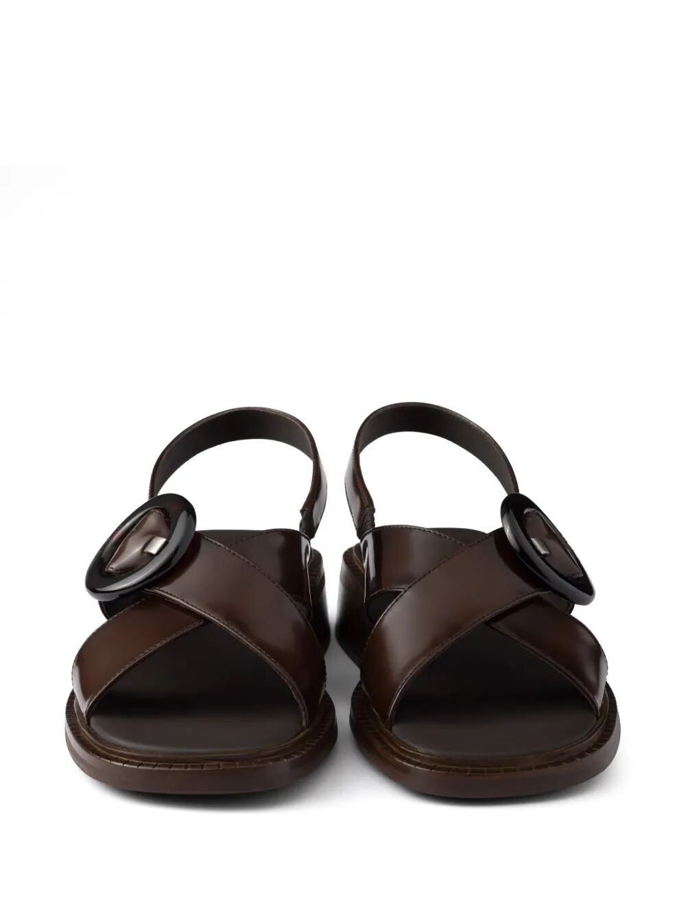 BRUSHED LEATHER CRISSCROSS BAND SANDALS WITH PLEXIGLAS BUCKLE